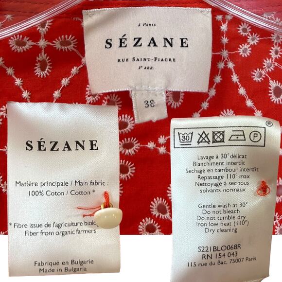 Sezane - Women's Antika Blouse, Embroidered - Coral Orange, Size 38 FR, 6 US - Picture 9 of 13